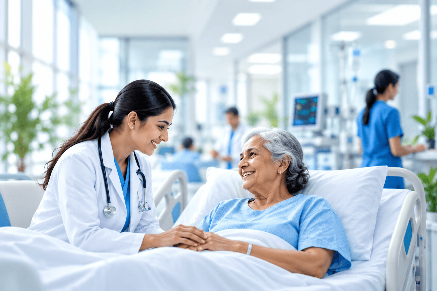 A doctor and patient sharing a warm moment on a hospital ward